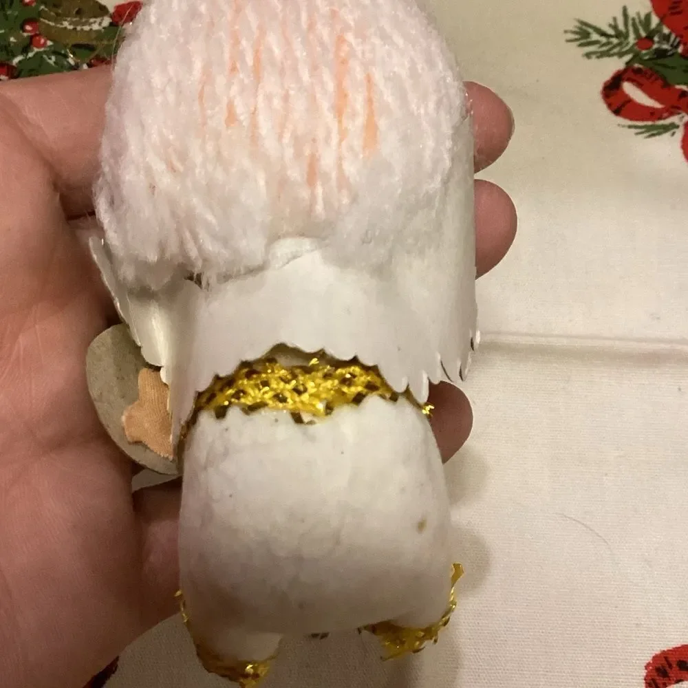 Vintage Angel & Doll Flocked Christmas Ornaments Set MCM Yarn Hair Foam Body